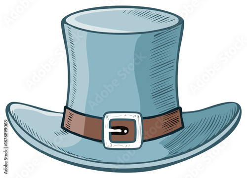Elegant blue top hat with brown band and buckle cartoon illustration