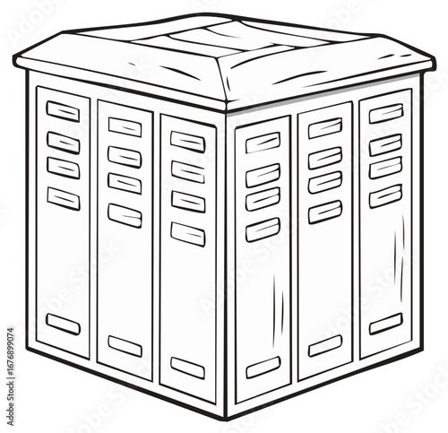 School lockers illustration. Cartoon style black and white outline. Storage compartments.