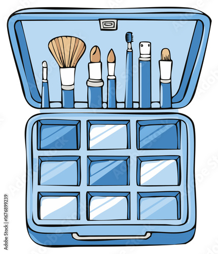 Cartoon makeup case with brushes and applicators, blue open container with multiple makeup palettes.