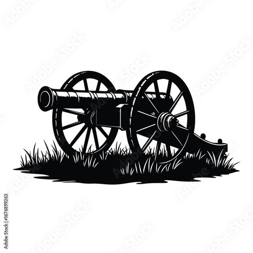 Black silhouette of a historical cannon on grass artillery