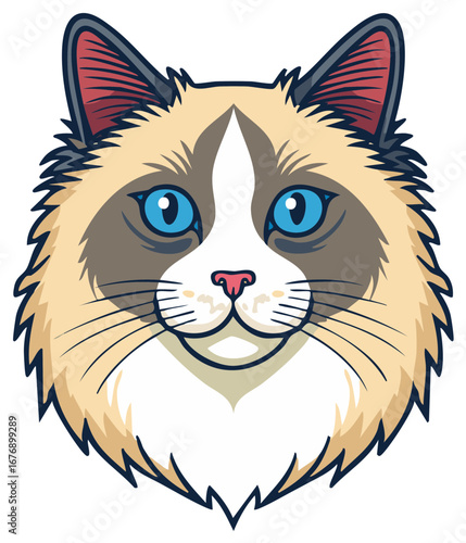 Cute Cartoon Ragdoll Cat Head Illustration with Bright Blue Eyes