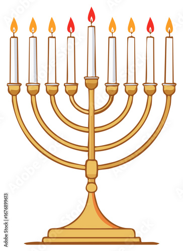 Golden Hanukkah menorah with nine lit candles for the Jewish Festival of Lights celebration