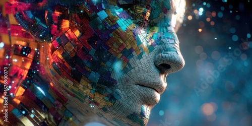 A close-up, dramatic portrait showcases a human face fragmented and transformed into a mosaic of vibrant, iridescent colors and glittering particles. The face is partially visible, 