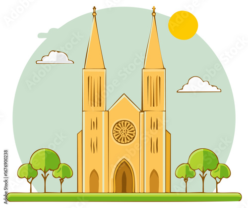 Stylized illustration of a grand church or cathedral with two towering spires and a rose window surrounded by green trees under a sunny sky