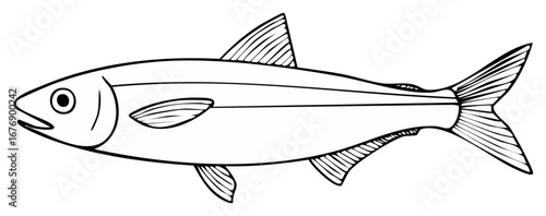 Simple black line art drawing of a herring or sardine fish for a seafood menu or logo
