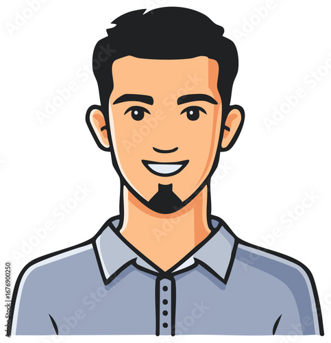 Smiling Cartoon Style Young Man Portrait with Black Hair and Gray Button Down Shirt