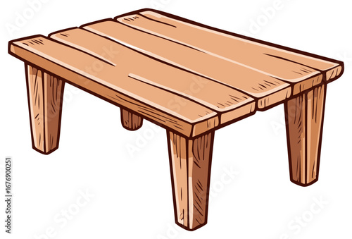 Hand drawn rustic wooden table illustration. Simple brown plank furniture with cartoon style design.