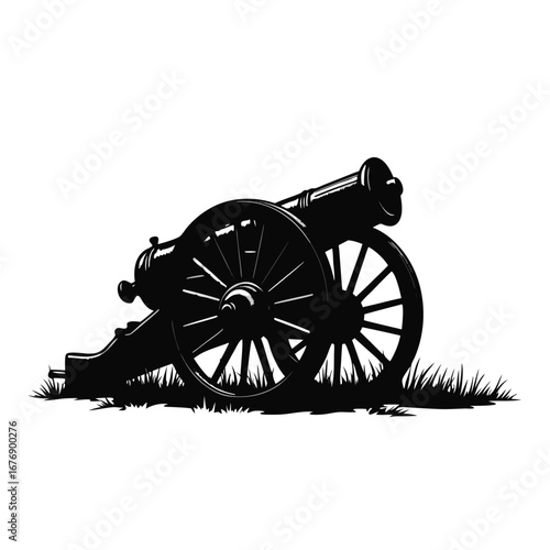 Black silhouette of an antique cannon on grass artillery 2