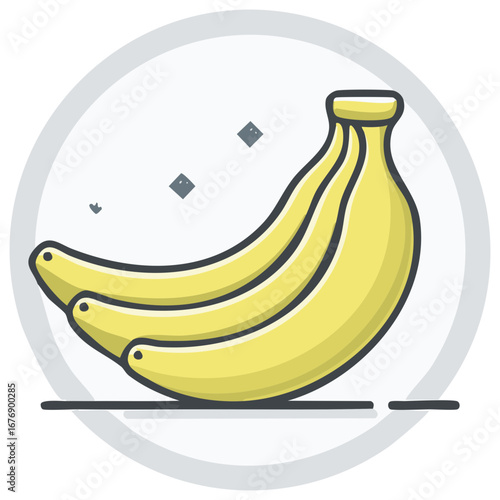 Flat illustration of a bunch of yellow bananas with a gray outline and subtle background elements