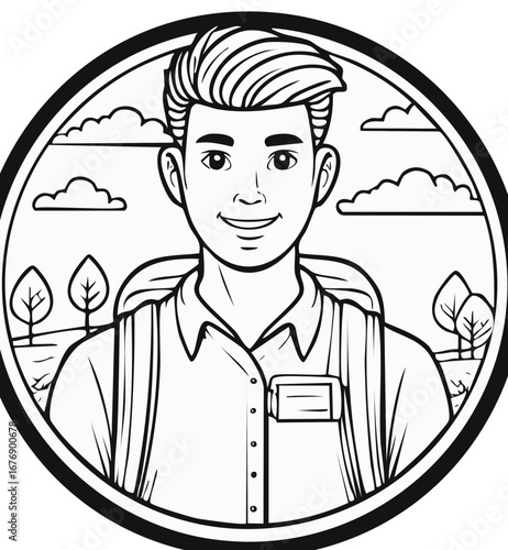 Smiling young man with a backpack and name tag against an outdoor landscape in a circular illustration