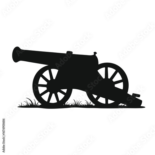 Black silhouette of an antique cannon on grass artillery 3