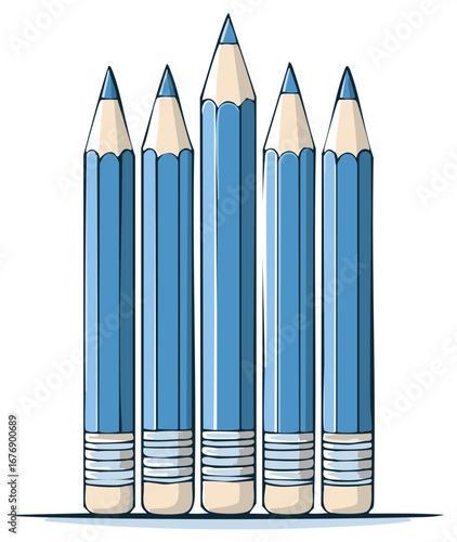 Five blue colored pencils with sharpened tips arranged in a row, one taller than the rest.