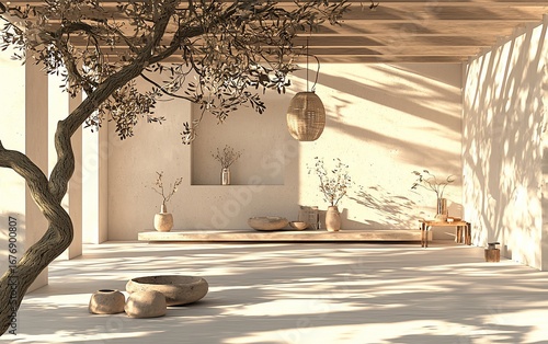 Serene Interior with Olive Tree, Shadow Play, and Minimalist Decor