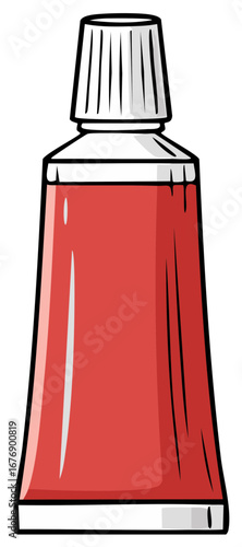 Cartoon red tube with screw cap containing cream gel or paint