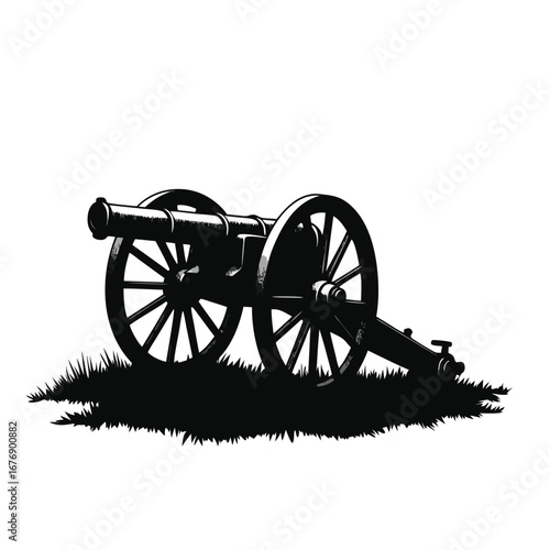 Black silhouette of an antique cannon on grass artillery 7