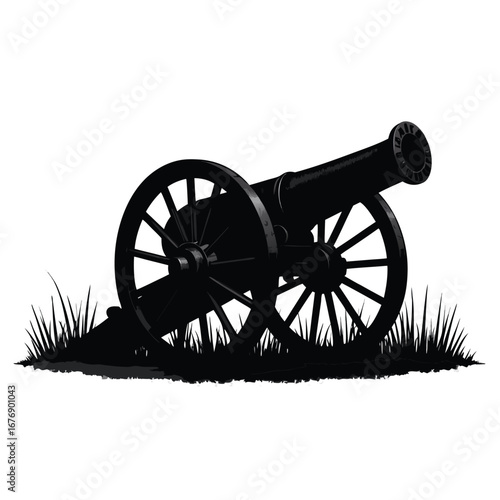 Black silhouette of an antique cannon on grass artillery 6