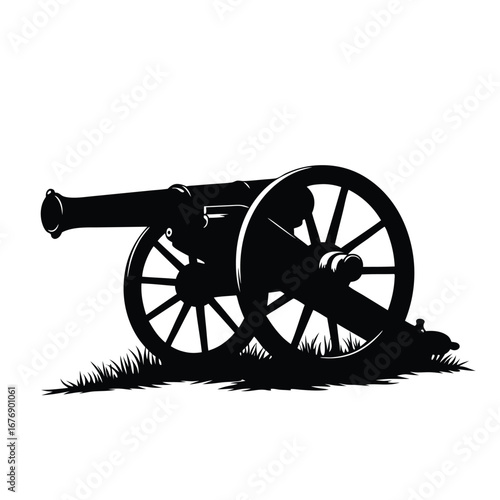 Black silhouette of an antique cannon on grass artillery 8