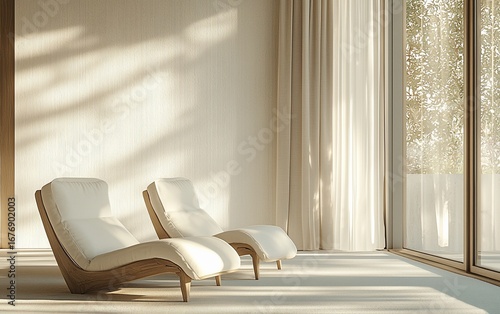 Serene Interior with Two Lounge Chairs, Soft Light and Leafy Window View