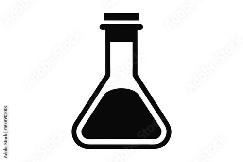 Black Scientific Erlenmeyer Flask with Dark Liquid, Simple Chemistry Illustration, Icon