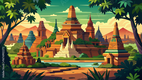 The Historic City of Ayutthaya in Thailand presents crumbling brick stupas and towering prangs, dramatically rising above lush greenery, narrating tales of grandeur and resilience of this once-thrivin