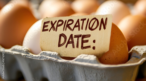 Expiration date eggs food safety concept carton fresh brown egg shelf life label perishable product deadline warning nutrition consumption quality control grocery packaging health awareness dietary re
