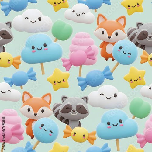 Kawaii Animals and Sweets 3D Seamless Pattern