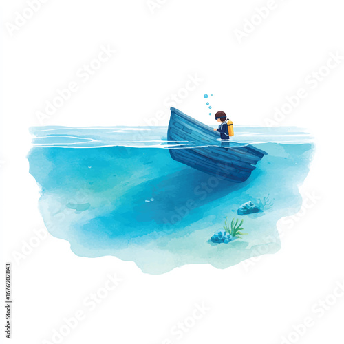 Diver in a weathered blue boat watercolor style partially submerged in turquoise water