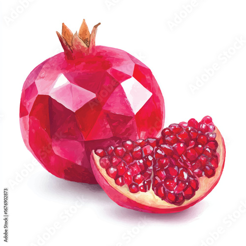Faceted Pomegranate with SeedFilled Slice Watercolor Style Ruby Red Tones