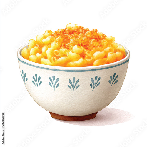 Macaroni and cheese in a patterned bowl topped with golden breadcrumbs