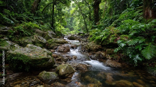 Serene forest scene featuring a gentle stream flowing over rocks amidst lush green foliage and towering trees