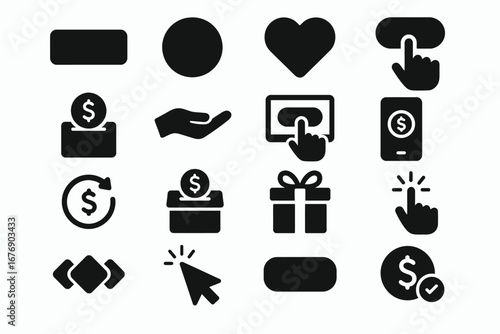 Donate Button Solid Black Silhouette Icon Set Collection on White Background