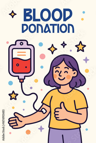 Blood Donation: Young woman in a yellow shirt donating blood with a blood bag connected to her arm, representing the power of giving and the impact of blood donation on saving lives.