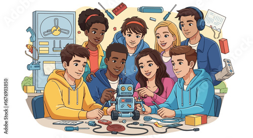 Diverse Group of Young Students Collaborating on Robotics Project, Learning Engineering and Technology Skills Together