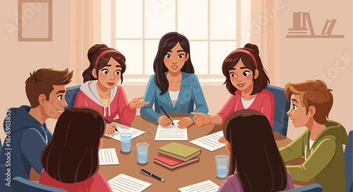 Diverse group of young adults collaborating on a project, discussing ideas, and taking notes around a table in a bright