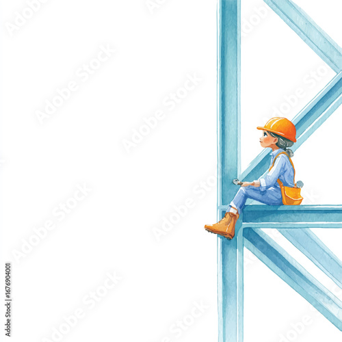 Watercolor Illustration of a Female Construction Worker Resting on Steel Beams
