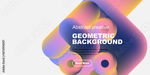 Abstract geometric shapes, vibrant colors, modern design. Text includes geometric background, plus sample text, button.