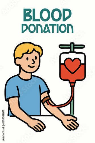 Blood Donation: Man donating blood with a blood bag shaped like a heart, smiling as he participates in a blood donation drive