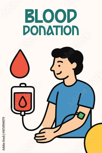 Blood Donation: Cheerful man donating blood with a heart-shaped blood bag, participating in a medical donation event for a good cause