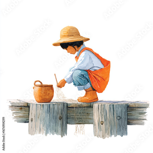 A Young Fisherman Tending Nets on a Wooden Dock