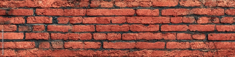Fototapeta premium Red brick wall, showing rows of rectangular bricks with mortar lines