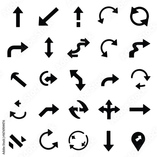 A minimalist vector illustration features a neat grid of black stylized directional indicators, including straight, curved, and circular movement symbols, presented on a bright white background.