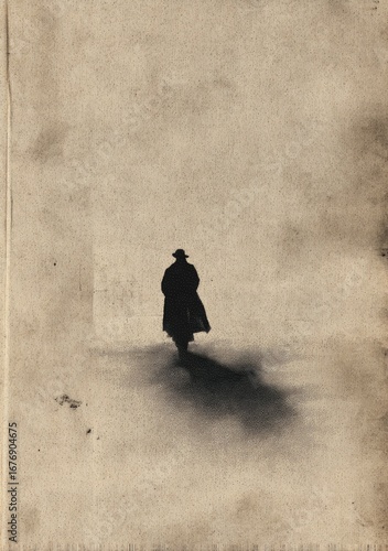 Silhouette of a solitary figure walking away on a textured, aged surface