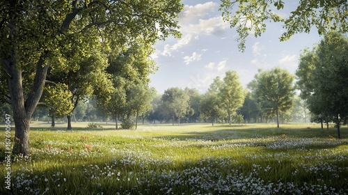 Serene Meadow with Lush Trees and Delicate Flowers
