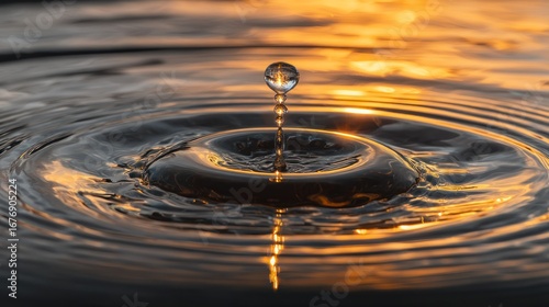 A single water droplet falls into still water, creating a vibrant splash of golden light and expanding ripples. The droplet itself is perfectly clear and reflects the warm, 