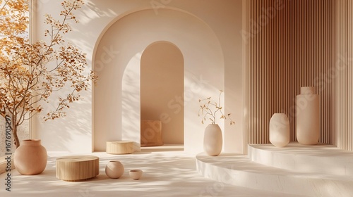 Serene Minimalist Interior with Archways and Earthy Tones