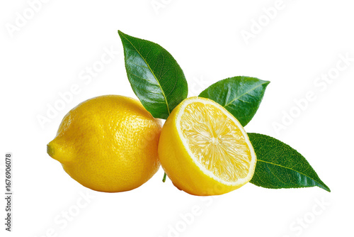 Wallpaper Mural Two lemons with green leaves on top of a white background. The lemons are cut in half and the inside is visible Torontodigital.ca