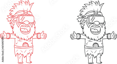 Cartoon caveman with vr headset vector illustration design