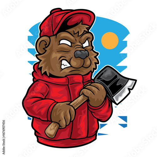 Angry cartoon bear wearing a red jacket and cap, holding an axe.