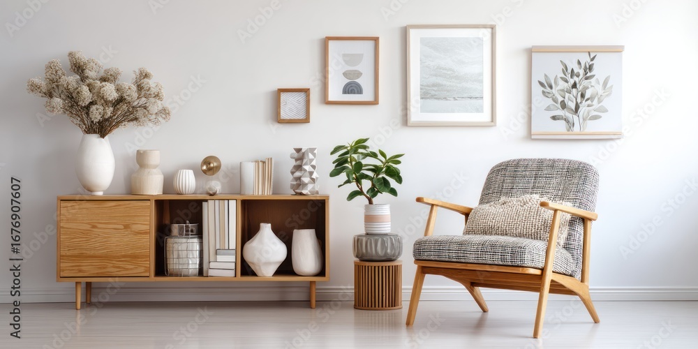 Fototapeta premium A warmly lit interior scene showcases a comfortable living room. A gray upholstered armchair sits beside a wooden media console filled with decorative vases and books. Three framed art prints ? 