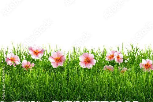 A field of pink flowers with green grass. The flowers are scattered throughout the field, with some closer to the foreground and others further back
